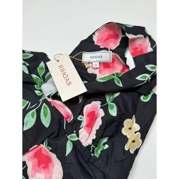 NWT RIHOAS V-Neck Tie Back Black Floral Midi Dress Size Small - Picture 5 of 5